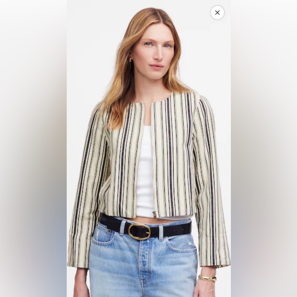Madewell Crop Cardigan Jacket Stripe Linen Blazer Zip Western XS NWOT